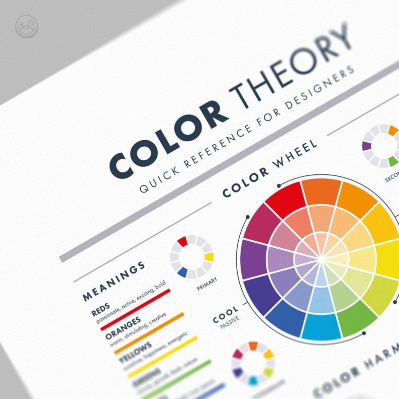 May include: A color theory chart for designers with a color wheel, primary, secondary, and tertiary colors. The chart also includes meanings for red, orange, and yellow colors.