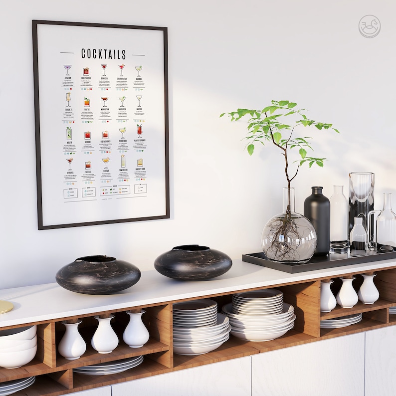 May include: A white kitchen counter with a black framed poster that says "Cocktails" with illustrations of different cocktails. There are two black bowls, a tray with a clear glass vase with a small plant, and a white shelf with white plates and vases.
