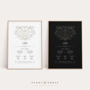 May include: Two printable zodiac sign posters for Leo, one with a white background and one with a black background. Both posters feature a stylized illustration of the Leo constellation with the text "Leo" and "July 23 - August 22". The posters also include information about Leo's ruling planet, polarity, modality, element, ruling house, and opposite sign.