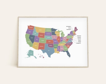 Póster con mapa de los estados de EE. UU., arte mural para aulas de Estados Unidos, arte mural educativo, gráfico de todos los estados de EE. UU., póster imprimible de los 50 estados de EE. UU.