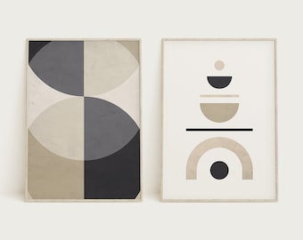 May include: Two minimalist abstract art prints in beige, gray, and black. The print on the left features overlapping circles, while the print on the right features geometric shapes.
