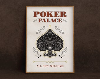 Affiche de poker Palace, style vintage, décoration murale, art de l’homme des cavernes, salle de poker, jeux, loisirs, Printable art, affiche de casino, Texas Holdem