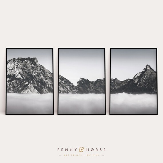 Mountain Cloud Landscape Printable, Set of 3, Fog Forest Print, Misty Landscape Photography, Printable Forest Prints, Home Decor Wall Art