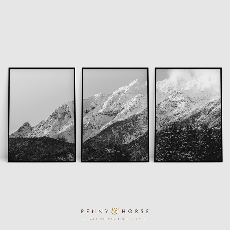 Black and White Mountain Print Set of 3 Snow Mountain Etsy