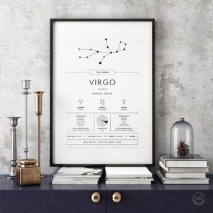 Puede incluir: Un p&oacute;ster imprimible en blanco y negro con un diagrama de constelaci&oacute;n para el signo del zod&iacute;aco Virgo. El p&oacute;ster incluye las fechas de Virgo, el elemento, el s&iacute;mbolo, la casa regente, el planeta, los rasgos positivos, los rasgos negativos, los signos m&aacute;s compatibles y los signos menos compatibles. El texto "La Virgen" y "Virgo" est&aacute;n en la parte superior del p&oacute;ster. El texto "Gracioso, disciplinado, amable" est&aacute; en la parte inferior del p&oacute;ster.