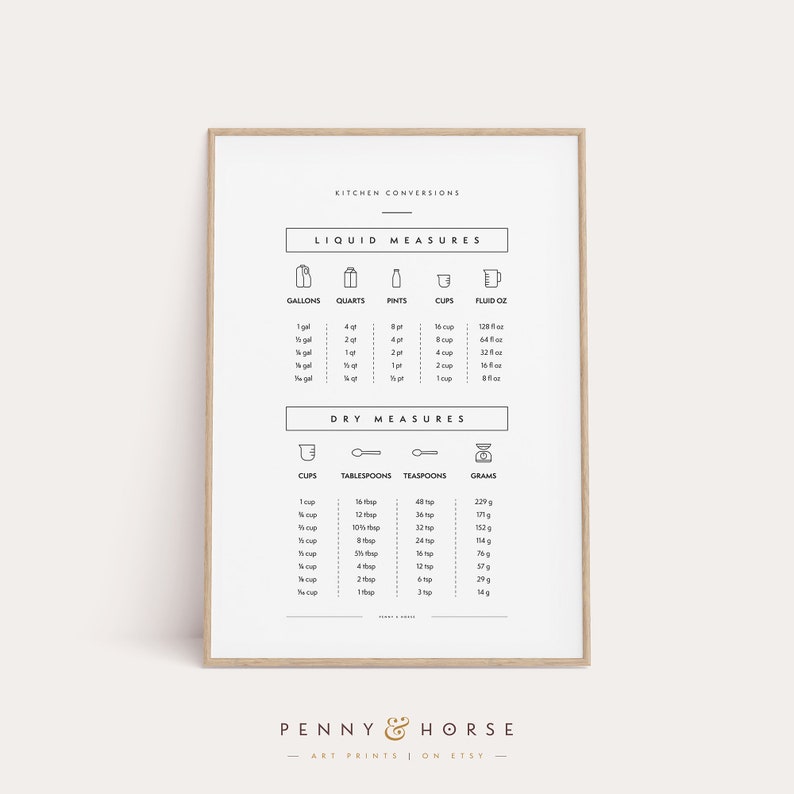 May include: A black and white printable kitchen conversion chart with icons for gallons, quarts, pints, cups, fluid ounces, tablespoons, teaspoons, and grams. The chart includes measurements for both liquid and dry ingredients.