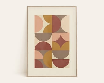 May include: A framed print with a geometric pattern in shades of pink, brown, and gold. The print features a repeating pattern of circles, half-circles, and squares.