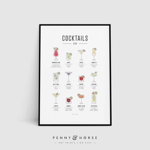 Gin Cocktails Print, Modern, Minimal, Cocktails, Cocktail Art, Cocktail How To, Kitchen Art, Kitchen Decor, Cocktail Gift, Bar Poster
