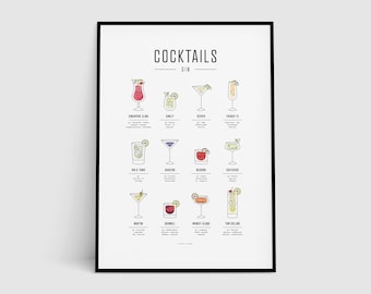 Gin Cocktails Print, Modern, Minimal, Cocktails, Cocktail Art, Cocktail How To, Kitchen Art, Kitchen Decor, Cocktail Gift, Bar Poster