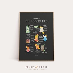 Impresión de recetas de cócteles de ron, Impresión de cócteles clásicos, Arte de cócteles, Cómo hacer cócteles, Arte de cocina, Decoración de cocina, Cartel de bar, Regalo de cóctel