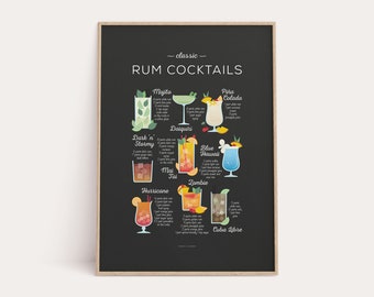 Rum Cocktails Recipe Print, Classic Cocktail Print, Cocktail Art, Cocktail How To, Kitchen Art, Kitchen Decor, Bar Poster, Cocktail Gift