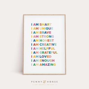 Affirmaties voor Kids Print, Positieve Wall Art, Inspirerende Muur Decor, Kleurrijke Playroom Poster, Classroom Chart, Kids Handout Digital Print