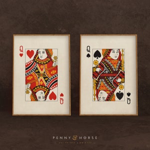 Queens playing card stampe, lei & lei Wall Art, stile vintage, set di 2 stampe, decorazione della parete, download digitale, retrò decor, arte stampabile