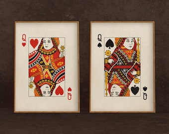 Queens Playing Card Prints, Hers & Hers Wall Art, Vintage Style, Set of 2 Prints, Wall Decor, Digital Download, Retro Decor, Printable Art