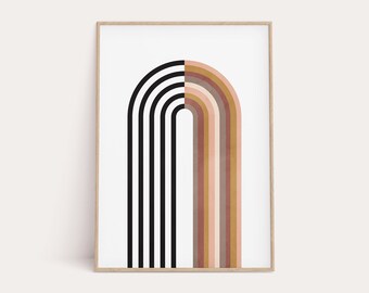 May include: Abstract geometric rainbow arch print in black, brown, pink, and gold colors. The print is framed in a light wood frame. The text "PENNY & HORSE ART PRINTS | ON ETSY" is at the bottom of the print.