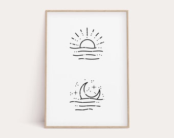 Sun & Moon Line Art Print: Abstract Sunrise, Stars Decor (Digital Download)