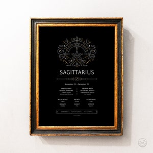 Pode incluir: Um cartaz imprim&iacute;vel preto e dourado com um design geom&eacute;trico que representa o signo do zod&iacute;aco Sagit&aacute;rio. O cartaz inclui as datas de 22 de novembro a 21 de dezembro, tra&ccedil;os positivos e negativos, planeta regente, modalidade, polaridade, elemento, casa regente e oposto. O texto na parte inferior diz "Generoso, aventureiro, idealista".