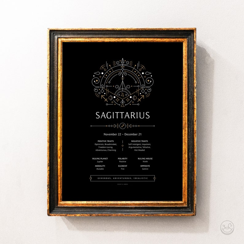 Pode incluir: Um cartaz imprim&iacute;vel preto e dourado com um design geom&eacute;trico que representa o signo do zod&iacute;aco Sagit&aacute;rio. O cartaz inclui as datas de 22 de novembro a 21 de dezembro, tra&ccedil;os positivos e negativos, planeta regente, modalidade, polaridade, elemento, casa regente e oposto. O texto na parte inferior diz "Generoso, aventureiro, idealista".