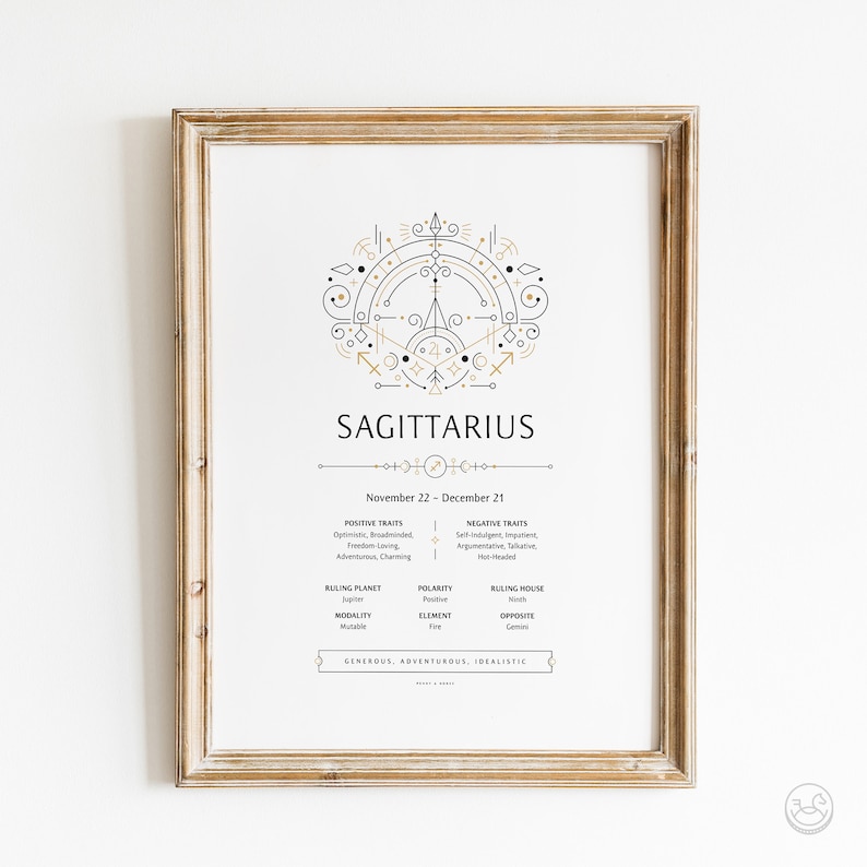 Pode incluir: Um cartaz imprim&iacute;vel com um design geom&eacute;trico dourado e preto que representa o signo do zod&iacute;aco Sagit&aacute;rio. O cartaz inclui as datas de 22 de novembro a 21 de dezembro, tra&ccedil;os positivos e negativos, planeta regente, modalidade, polaridade, elemento, casa regente e signo oposto. O cartaz tamb&eacute;m inclui as palavras "Generoso, Aventureiro, Idealista".