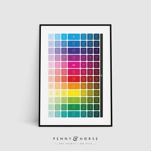 以下が含まれることがあります： シアンからマゼンタ、イエローからブラックへのグラデーションを示すカラーチャート。チャートは100個の正方形に分割され、それぞれ異なる色の濃淡があります。チャートには、シアン、マゼンタ、イエロー、ブラックを表すC、M、Y、Kの文字がラベル付けされています。