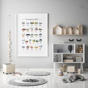 K&ouml;nnte beinhalten: Ein farbenfroher Alphabet-Chart mit verschiedenen Verkehrsmitteln, darunter Autos, Lastwagen, Flugzeuge, Boote und Z&uuml;ge. Der Chart ist gerahmt und h&auml;ngt an einer grauen Wand in einem Kinderzimmer oder Spielzimmer.