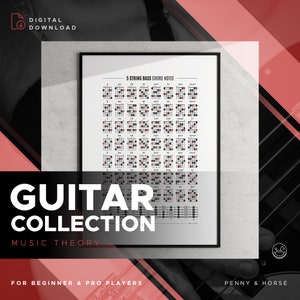 Five String Bass Guitar Chord Notes Poster, Bass Chords Reference, Student Poster, Music Education, Fretboard Notes, Chords Song Key Chart