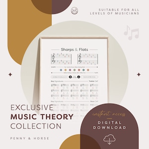May include: A printable music theory chart titled "Sharps & Flats". The chart displays the order of sharps and flats in key signatures, with a mnemonic device to help remember the order. The chart also includes a section on key signatures for both treble and bass clef.