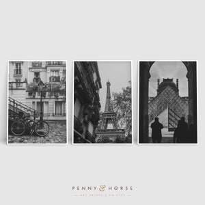 May include: A set of three black and white photographs featuring Parisian landmarks. The first photo shows a bicycle parked on a cobblestone street in front of a building with a balcony. The second photo shows the Eiffel Tower from a street-level perspective. The third photo shows a view of the Louvre Museum from inside an archway.