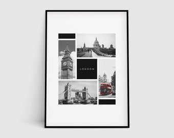 London Montage Print, Landmarks Printable Wall Art, Photography, City Wall Decor, Digital Download, City Break, Big Ben, Black and White