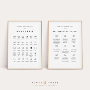 Pode incluir: Dois cartazes imprimíveis em preto e branco com texto em francês. O cartaz da esquerda é intitulado "Buanderie" e apresenta símbolos de cuidados com a roupa. O cartaz da direita é intitulado "Enlèvement des Taches" e apresenta dicas para remover manchas.