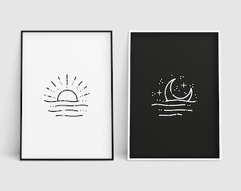 Sun & Moon Print Set, Printable Wall Art, Abstract Illustration, Sunrise, Moon Wall Decor, Digital Download, Stars Decor, Printable Art