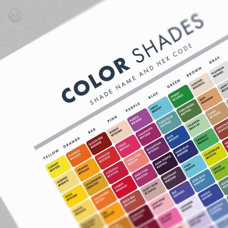May include: A color chart with a grid of 100 color squares, each with a color name and hex code. The colors are arranged in a rainbow pattern, starting with yellow and ending with gray.