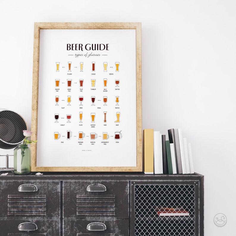 May include: A white poster with the title "Beer Guide - Types of Glasses" and illustrations of different types of beer glasses. The poster is framed in a light wood frame and is hanging on a white wall.