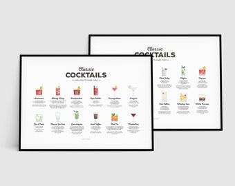 Classic Cocktails Recipe Print Set, Cocktail Print, Cocktail Art, Bar Poster, Cocktail Gift, Cocktail How To, Kitchen Art, Kitchen Decor