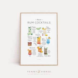 Impresión de recetas de cócteles de ron, Impresión de cócteles clásicos, Arte de cócteles, Cómo hacer cócteles, Arte de cocina, Decoración de cocina, Cartel de bar, Regalo de cóctel