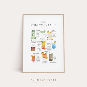 Rum Cocktails Recipe Print, Classic Cocktail Print, Cocktail Art, Cocktail How To, Kitchen Art, Kitchen Decor, Bar Poster, Cocktail Gift