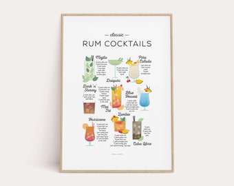 Rum Cocktails Recipe Print, Classic Cocktail Print, Cocktail Art, Cocktail How To, Kitchen Art, Kitchen Decor, Bar Poster, Cocktail Gift