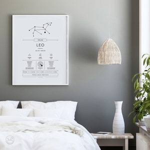 May include: A black and white printable poster with a constellation design and information about the zodiac sign Leo. The poster is framed in a white frame and is hanging on a gray wall.