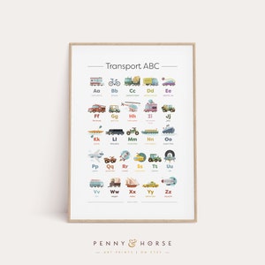 K&ouml;nnte beinhalten: Ein farbenfroher Alphabet-Chart mit verschiedenen Verkehrsmitteln, wie z. B. ein Krankenwagen, ein Fahrrad, ein Betonmischer, ein Lieferwagen, ein Elektroauto, ein Feuerwehrauto, ein Golfwagen, ein Hubschrauber, ein Bus, ein Jeep, ein Kajak, eine Limousine, ein Motorrad, ein Rennwagen, ein Roller, ein Flugzeug, ein Quad, eine Rakete, ein U-Boot, ein Traktor, ein UFO, ein Van, ein Wagen, ein Adobe, ein gelbes Taxi und ein Zeppelin. Der Chart ist mit "Transport ABC" betitelt.