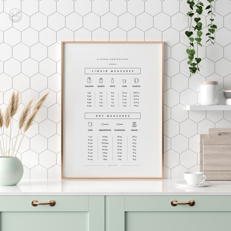 May include: A printable kitchen conversion chart with a white background and black text. The chart includes measurements for liquid and dry ingredients, with conversions between gallons, quarts, pints, cups, fluid ounces, tablespoons, teaspoons, and grams.