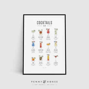 Rum Cocktails Print, Modern, Minimal, Cocktails, Cocktail Art, Cocktail How To, Kitchen Art, Kitchen Decor, Cocktail Gift, Bar Poster