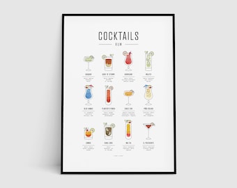 Rum Cocktails Print, Modern, Minimal, Cocktails, Cocktail Art, Cocktail How To, Kitchen Art, Kitchen Decor, Cocktail Gift, Bar Poster