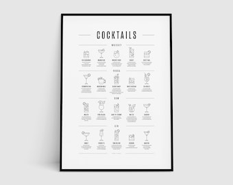 Może przedstawiać: Czarno-biały plakat do wydrukowania z ilustracjami różnych koktajli. Plakat ma tytuł "Koktajle" i wymienia koktajle według rodzaju alkoholu: Whisky, Wódka, Rum, Gin. Plakat pochodzi od Penny & Horse Art Prints na Etsy.