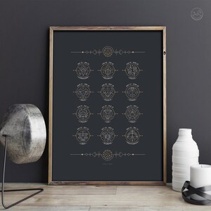 May include: A black and gold framed poster with a minimalist design featuring the 12 zodiac signs and their corresponding dates. Each sign is represented by a stylized illustration within a circle.