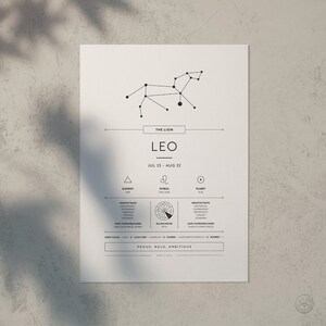 May include: A black and white printable chart with a constellation of stars representing the Leo zodiac sign. The chart includes the name Leo, the dates July 23 - August 22, the element fire, the symbol of the lion, the planet sun, positive traits, negative traits, most compatible signs, least compatible signs, ruling house, spirit color, lucky gem, flowers, numbers, and the words "Proud, Bold, Ambitious".