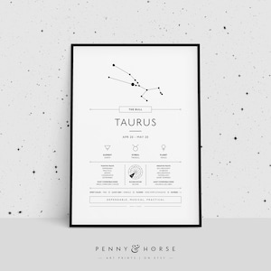 May include: A black and white printable poster with a constellation of stars representing the Taurus zodiac sign. The poster includes the text "The Bull", "Taurus", "Apr 20 - May 20", "Element: Earth", "Symbol: The Bull", "Planet: Venus", "Positive Traits: Dependable, Practical, Patient, Conservative, Determined", "Negative Traits: Self-indulgent, Stubborn, Materialistic, Short-tempered", "Most Compatible Signs: Virgo, Capricorn, Cancer", "Ruling House: 2nd", "Least Compatible Signs: Leo, Libra, Pisces", "Lucky Gem: Emerald, Rose Quartz, Turquoise", "Number: 2", "Spot Color:  Pink, Grey, Green", "Dependable, Musical, Practical", "Penny & Horse", "Art Prints on Etsy".