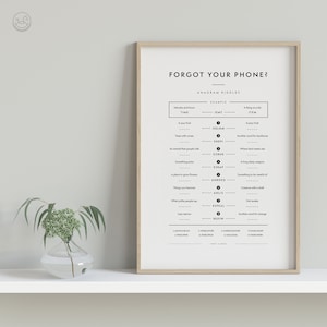 Op de afbeelding: Een afdrukbare poster met een zwart-wit ontwerp. De poster bevat de tekst "Forgot Your Phone?" en een lijst met anagram-raadsels. De raadsels worden gepresenteerd in een tabelformaat met het woord om te ontrafelen aan de linkerkant en het antwoord aan de rechterkant.