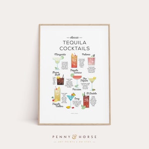 Tequila Cocktails Recipe Print, Cocktail Classic Print, Cocktail Art, Cocktail How To, Kitchen Art, Kitchen Decor, Bar Poster, Cocktail Gift