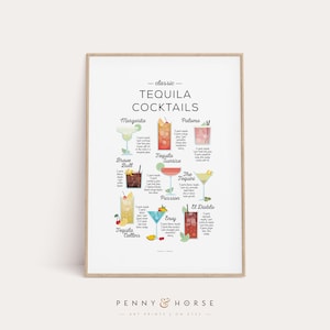 Tequila Cocktails Recipe Print, Cocktail Classic Print, Cocktail Art, Cocktail How To, Kitchen Art, Kitchen Decor, Bar Poster, Cocktail Gift