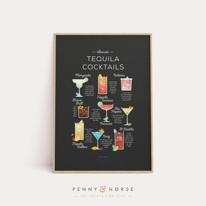 Impresión de receta de cócteles de tequila, Impresión clásica de cóctel, Arte de cóctel, Cómo hacer cócteles, Arte de cocina, Decoración de cocina, Cartel de barra, Regalo de cóctel
